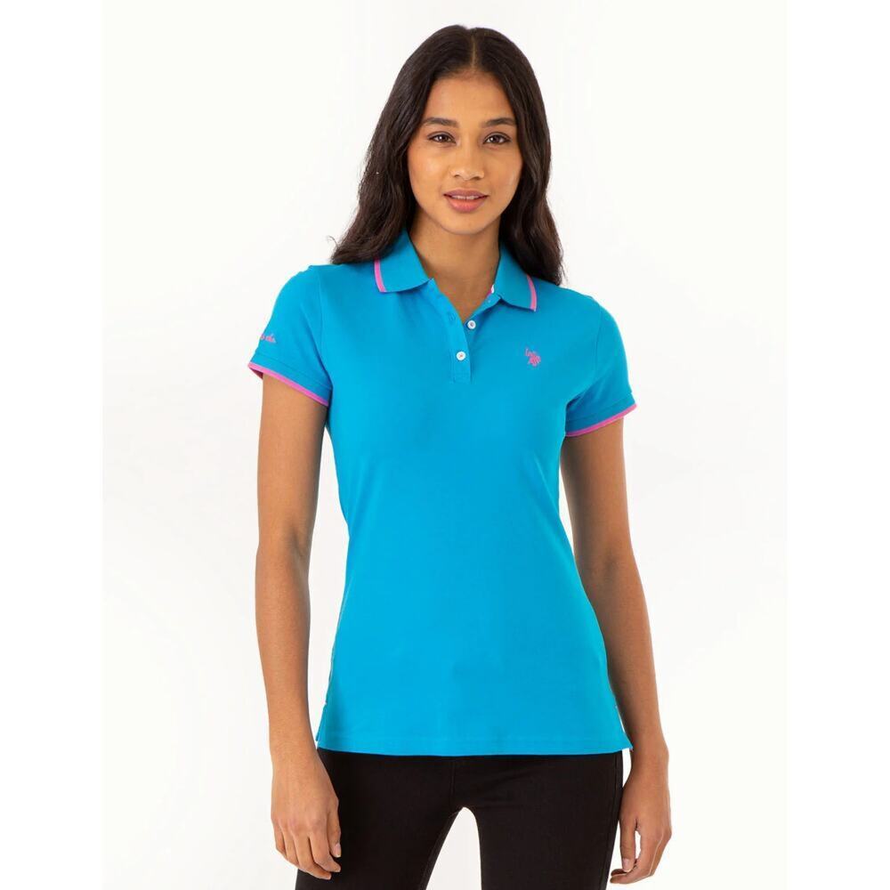 US Polo Assn Womens Tipped Solid Polo Shirt Downtown Blue Pink Size S